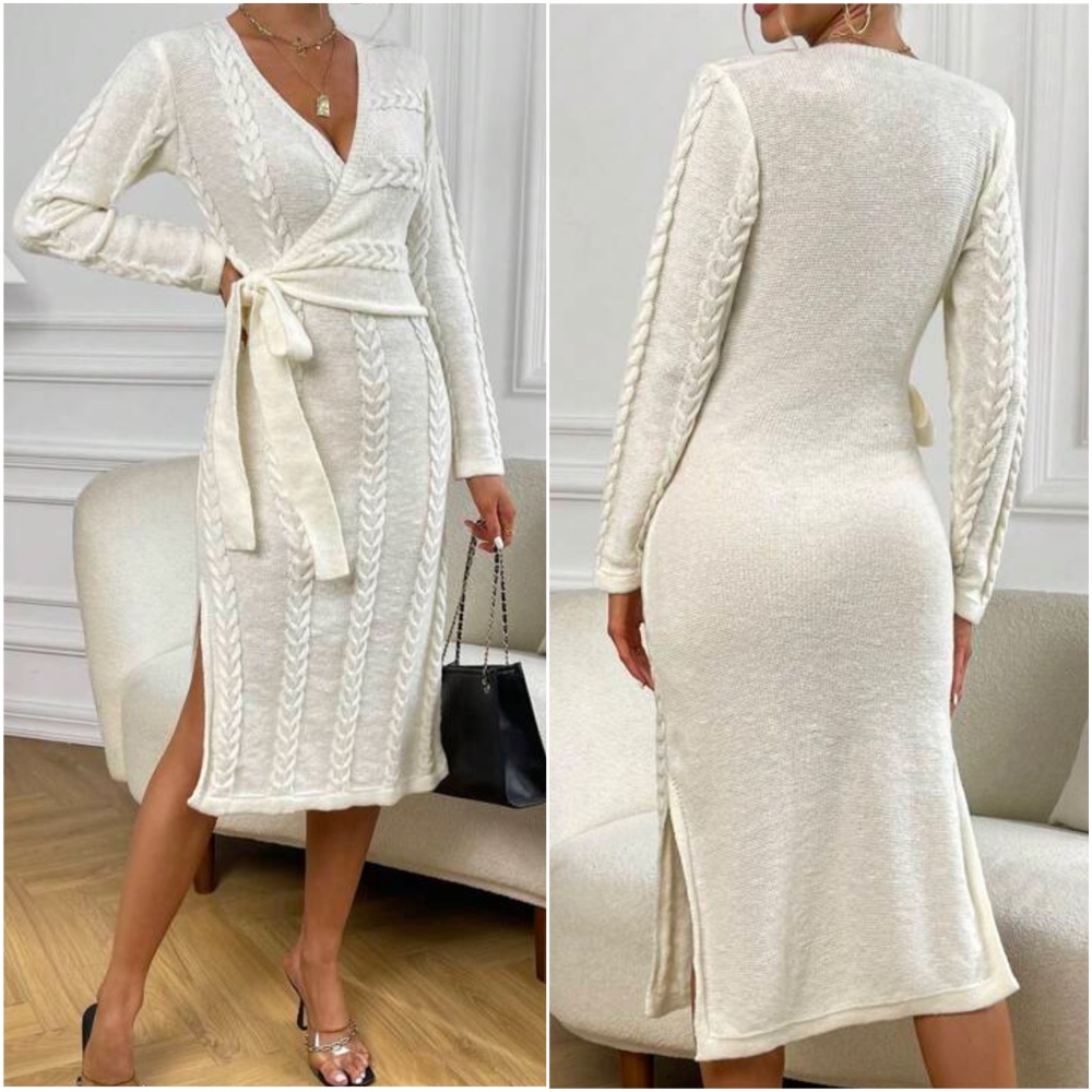 Luxe Cream Side Slit Tie Sweater Dress - Picture 3 of 4